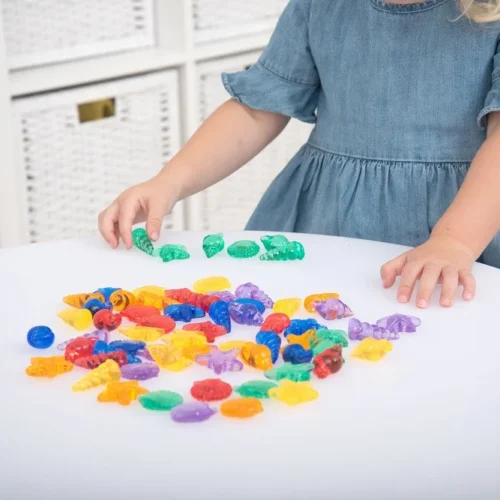 Kind sorteert Doorzichtige kleuren schelpen